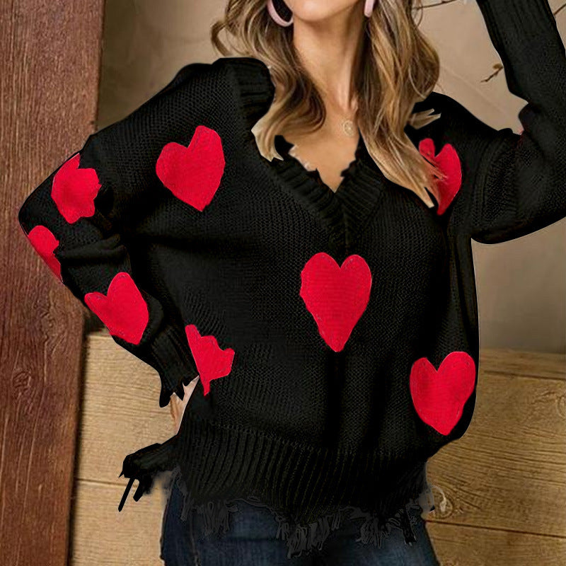 Christmas Sweater Love Splicing V Turtleneck Sweater Women's Loose Pullove