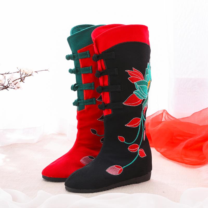 New autumn and winter beef tendon bottom national wind single boots embroidered inside increased women's boots in high boots cotton boots