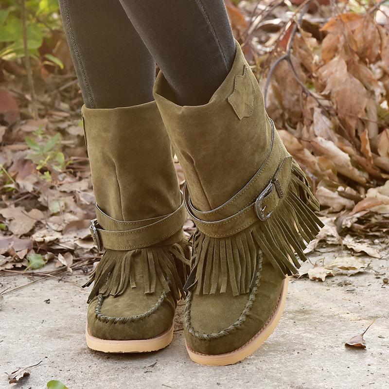 Tassel Flat Sole Large Buckle Hand Sewn National Style Cotton Boots