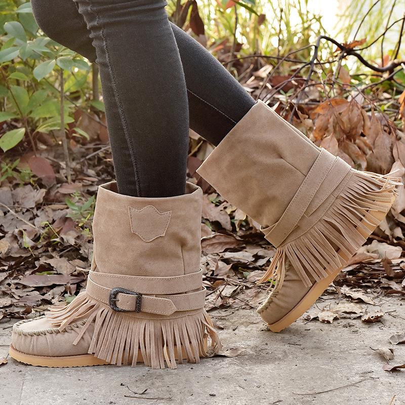 Tassel Flat Sole Large Buckle Hand Sewn National Style Cotton Boots