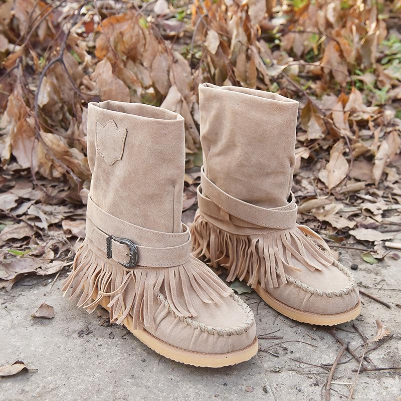 Tassel Flat Sole Large Buckle Hand Sewn National Style Cotton Boots