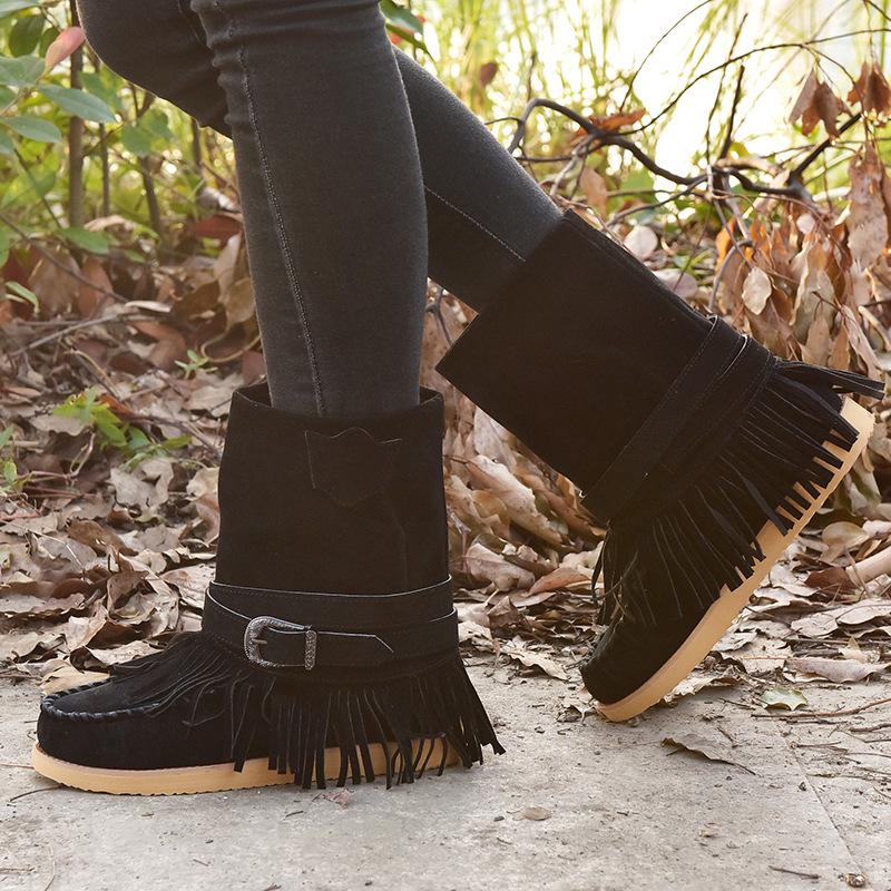 Tassel Flat Sole Large Buckle Hand Sewn National Style Cotton Boots