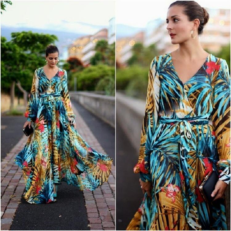 Chiffon Long Sleeves Dress Robe V Neck Floral Bohemian Boho Dress Long Dress Big Hem Maxi Dress