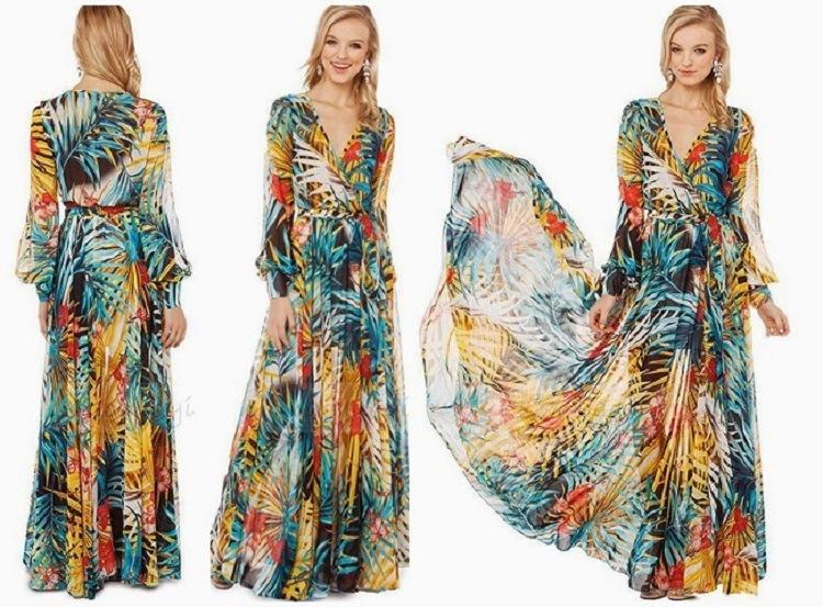 Chiffon Long Sleeves Dress Robe V Neck Floral Bohemian Boho Dress Long Dress Big Hem Maxi Dress