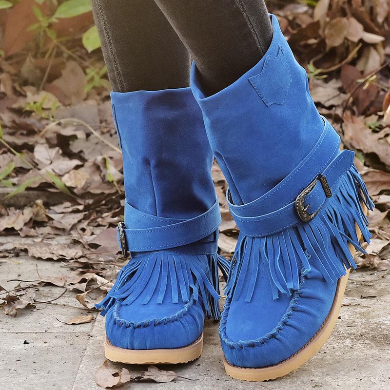 Tassel Flat Sole Large Buckle Hand Sewn National Style Cotton Boots