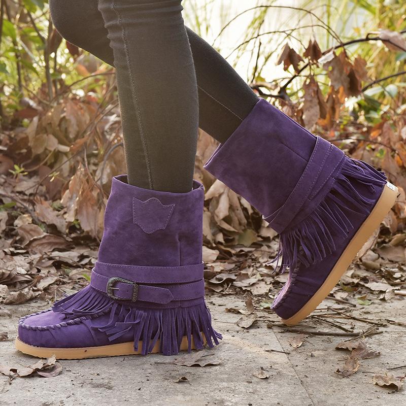 Tassel Flat Sole Large Buckle Hand Sewn National Style Cotton Boots