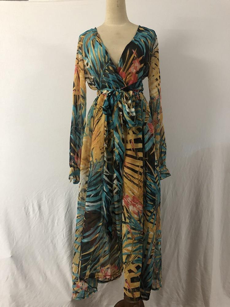 Chiffon Long Sleeves Dress Robe V Neck Floral Bohemian Boho Dress Long Dress Big Hem Maxi Dress