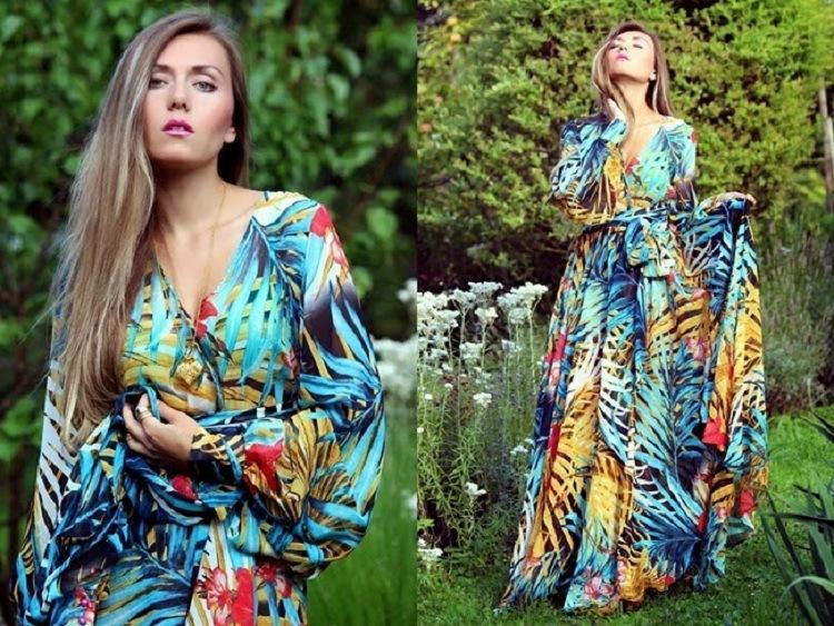 Chiffon Long Sleeves Dress Robe V Neck Floral Bohemian Boho Dress Long Dress Big Hem Maxi Dress