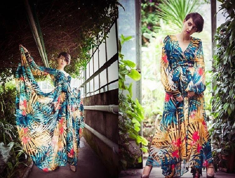 Chiffon Long Sleeves Dress Robe V Neck Floral Bohemian Boho Dress Long Dress Big Hem Maxi Dress