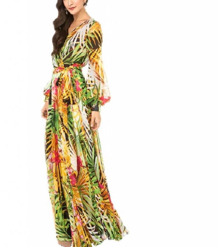 Chiffon Long Sleeves Dress Robe V Neck Floral Bohemian Boho Dress Long Dress Big Hem Maxi Dress