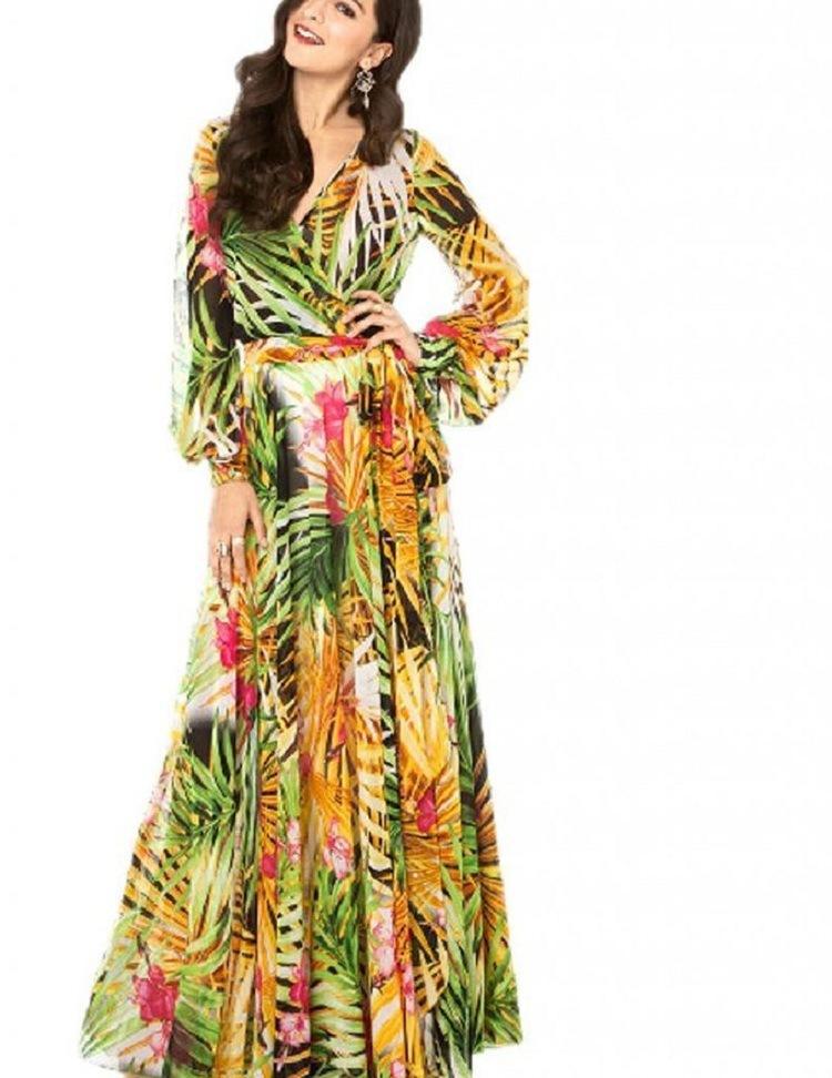 Chiffon Long Sleeves Dress Robe V Neck Floral Bohemian Boho Dress Long Dress Big Hem Maxi Dress