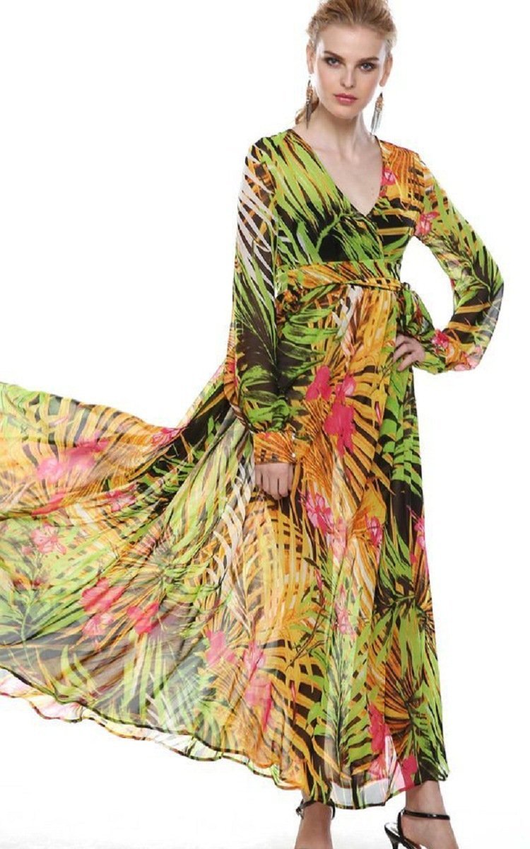 Chiffon Long Sleeves Dress Robe V Neck Floral Bohemian Boho Dress Long Dress Big Hem Maxi Dress