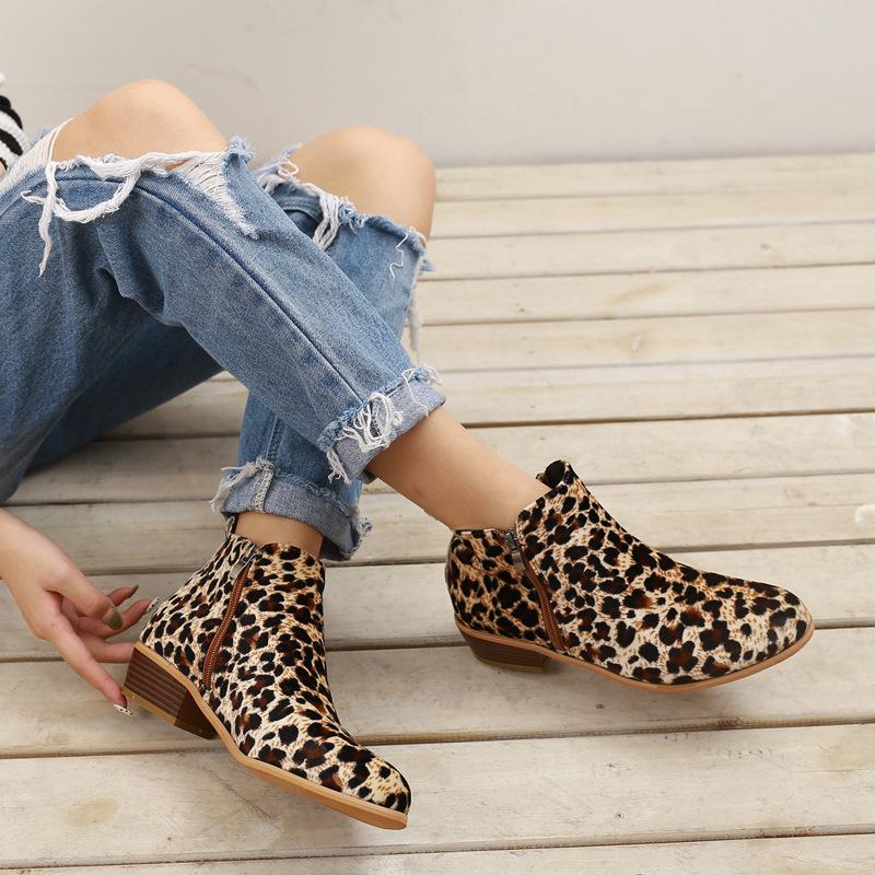 Women Chelsea Boots Spring Autumn Sexy Leopard Low Heels Platform Martin Ankle Boots Ladies Pu Leather Vintage Western Shoes