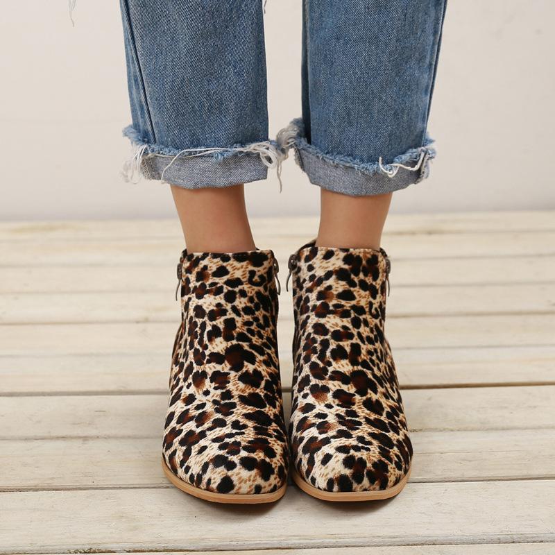 Women Chelsea Boots Spring Autumn Sexy Leopard Low Heels Platform Martin Ankle Boots Ladies Pu Leather Vintage Western Shoes