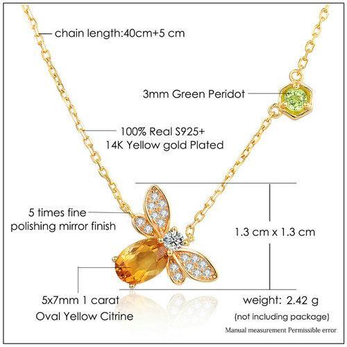 Natural Citrine 925 Sterling Silver Jewelry 14K Yellow Gold Plated Chain Pendant Necklace