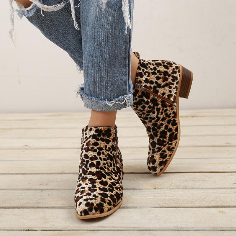 Women Chelsea Boots Spring Autumn Sexy Leopard Low Heels Platform Martin Ankle Boots Ladies Pu Leather Vintage Western Shoes