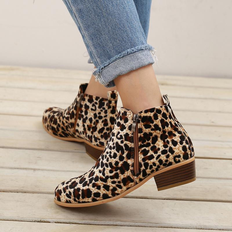 Women Chelsea Boots Spring Autumn Sexy Leopard Low Heels Platform Martin Ankle Boots Ladies Pu Leather Vintage Western Shoes