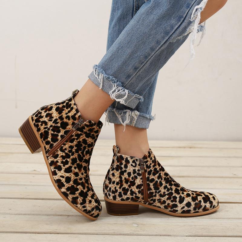 Women Chelsea Boots Spring Autumn Sexy Leopard Low Heels Platform Martin Ankle Boots Ladies Pu Leather Vintage Western Shoes