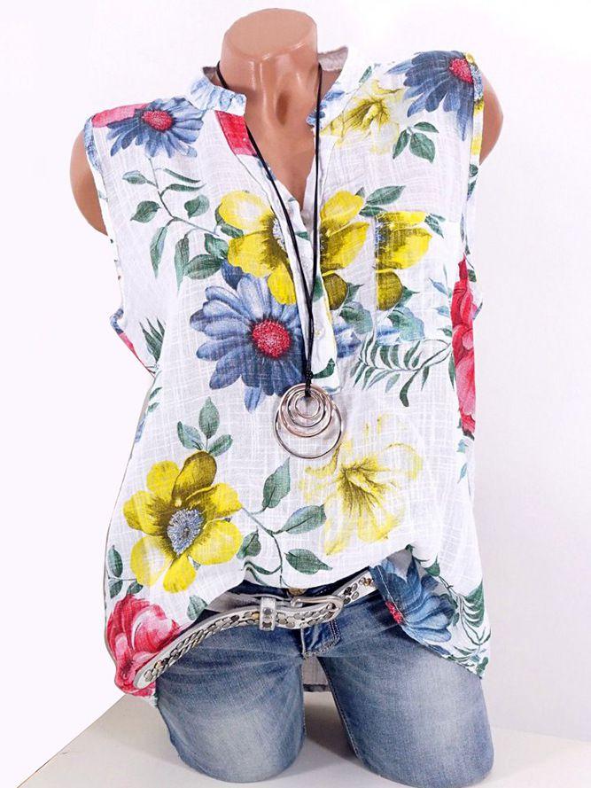 Standing Collar Slub Hemp Printed Sleeveless T-shirt