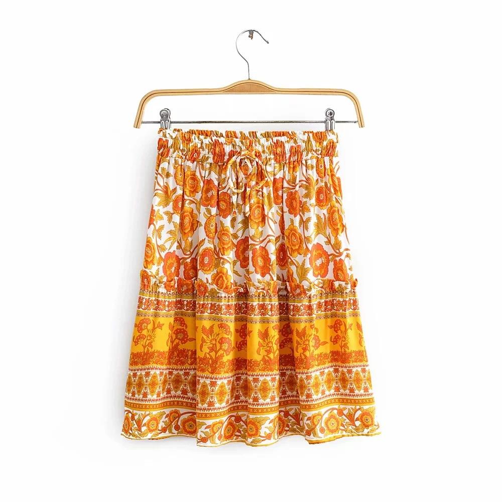 Mini Rok Geel Katoen Bloemenprint Elastische Taille Chic  Beach Boho Casual  Short Skirt