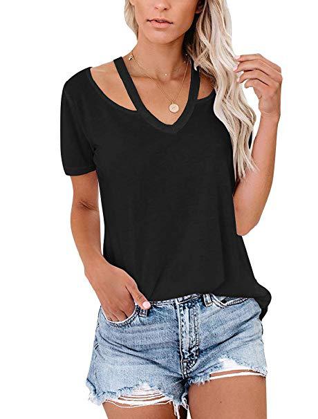 Women's Solid Color Strapless Short-sleeved Tops V-neck T-shirt