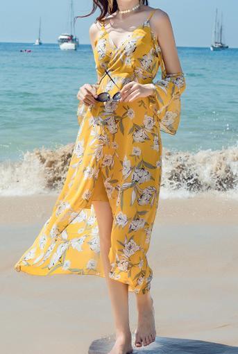 V-NECK  LONG-SLEEVE SPAGHETTI STRAPS FLORAL LONG DRESS