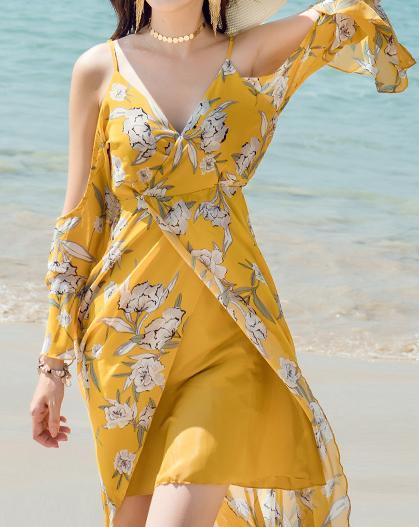 V-NECK  LONG-SLEEVE SPAGHETTI STRAPS FLORAL LONG DRESS