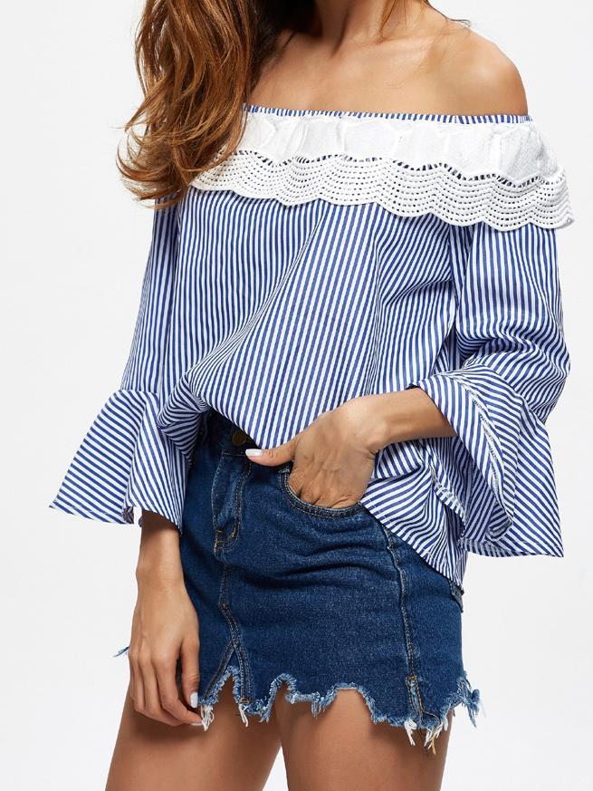 Stripe Off Shoulder Long Sleeve Tops T Shirt