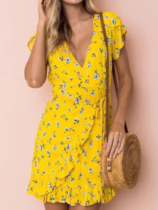 2018 Print V Neck Short Sleeve Mini Dress