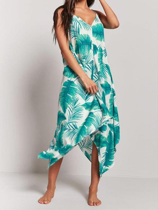 Sexy Printed Spaghetti Strap Irregular Beach Maxi Dress