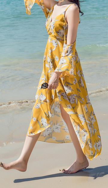 V-NECK  LONG-SLEEVE SPAGHETTI STRAPS FLORAL LONG DRESS