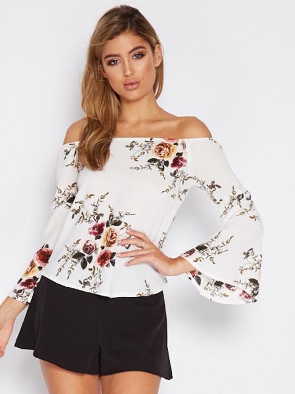 Pretty Floral Off Shoulder Trumpet Sleeve Bohemia Blouse Shirt Tops