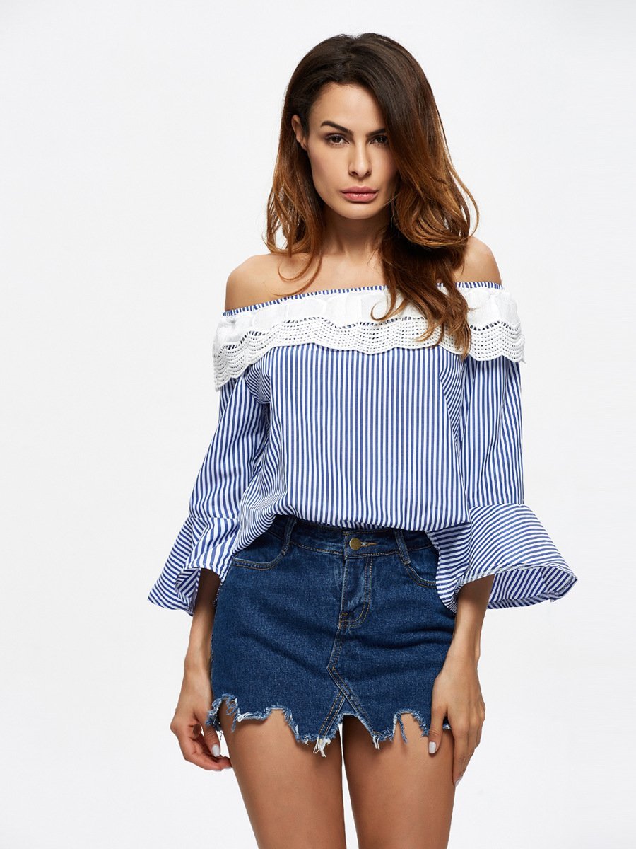 Stripe Off Shoulder Long Sleeve Tops T Shirt