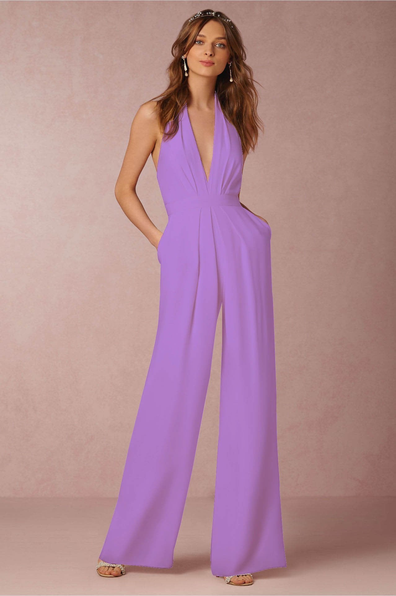 Solid Color Halter Wide Leg Pants Jumpsuit