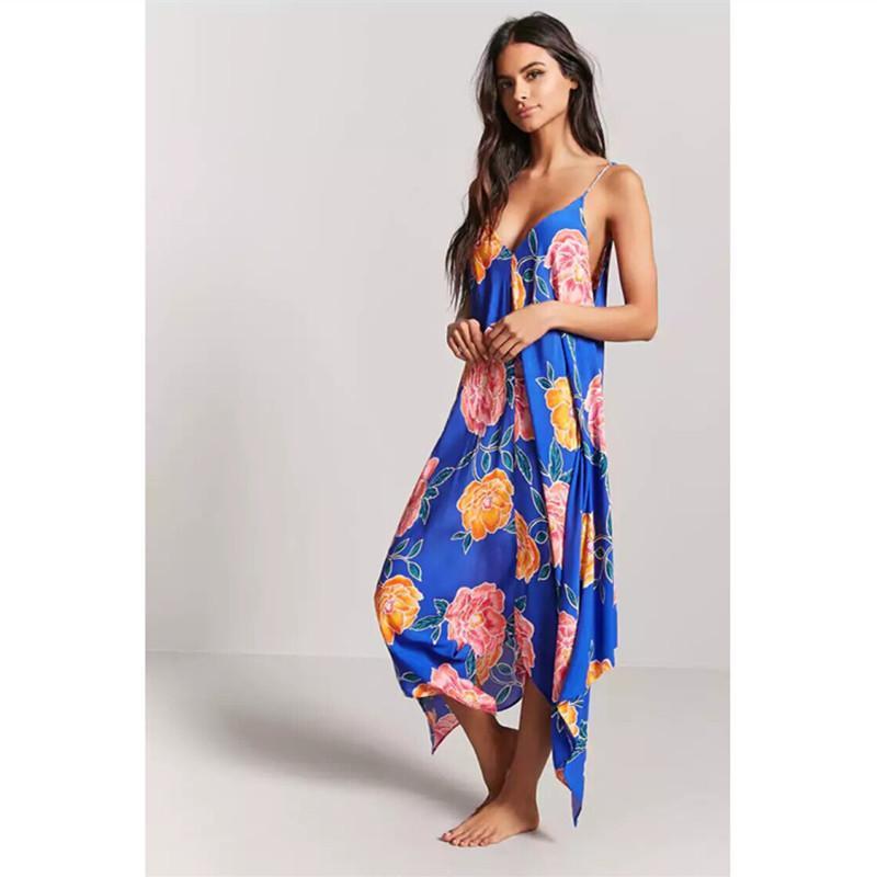 Sexy Printed Spaghetti Strap Irregular Beach Maxi Dress