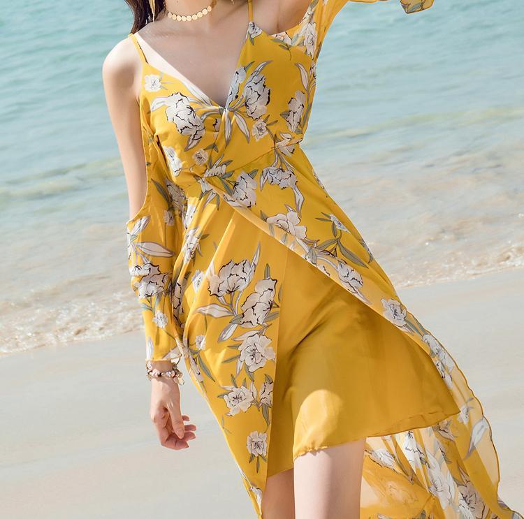 V-NECK  LONG-SLEEVE SPAGHETTI STRAPS FLORAL LONG DRESS