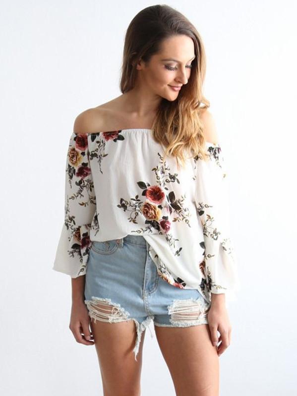 Pretty Floral Off Shoulder Trumpet Sleeve Bohemia Blouse Shirt Tops