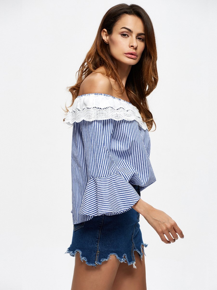 Stripe Off Shoulder Long Sleeve Tops T Shirt