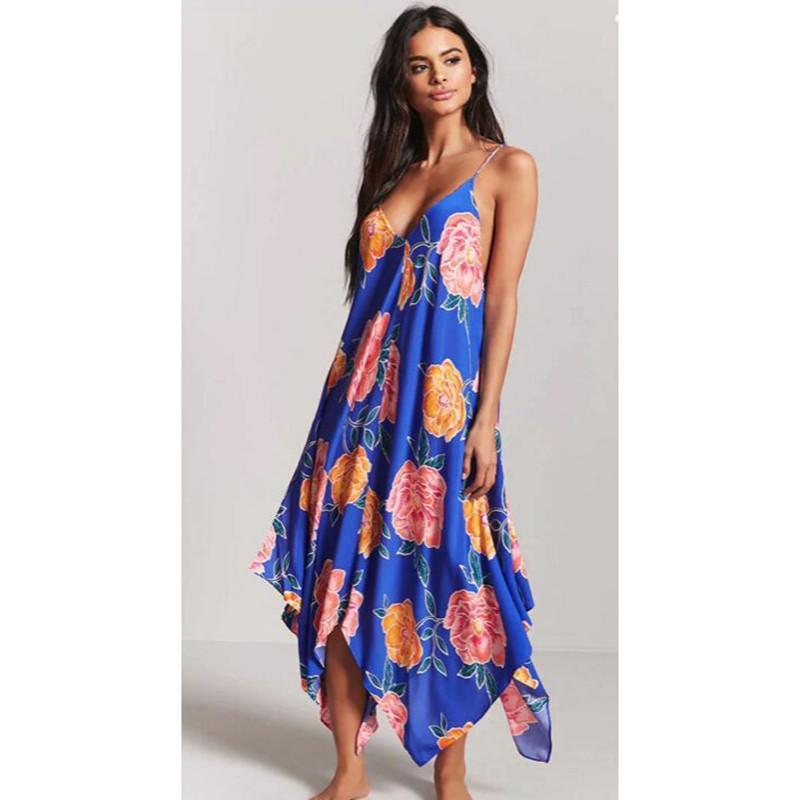 Sexy Printed Spaghetti Strap Irregular Beach Maxi Dress