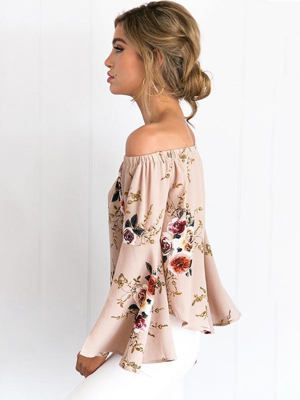 Pretty Floral Off Shoulder Trumpet Sleeve Bohemia Blouse Shirt Tops