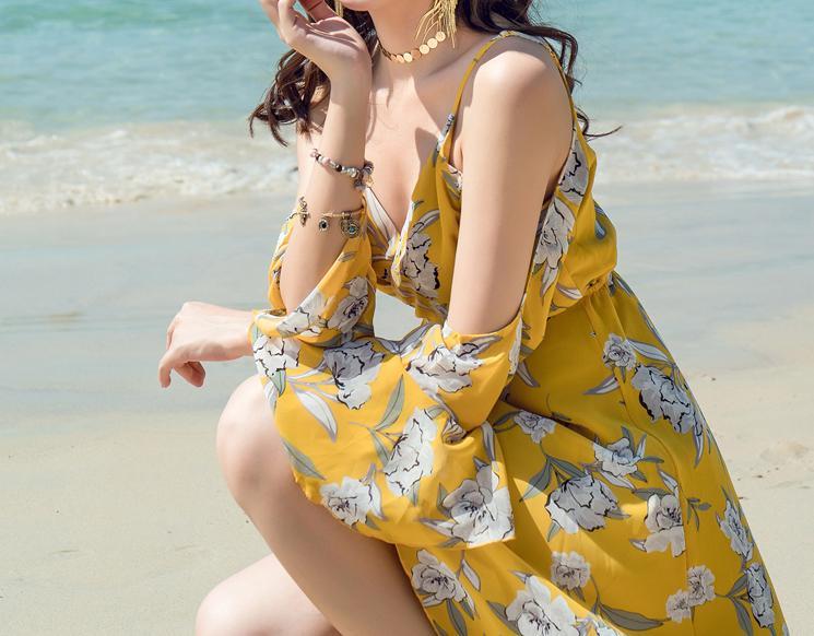 V-NECK  LONG-SLEEVE SPAGHETTI STRAPS FLORAL LONG DRESS