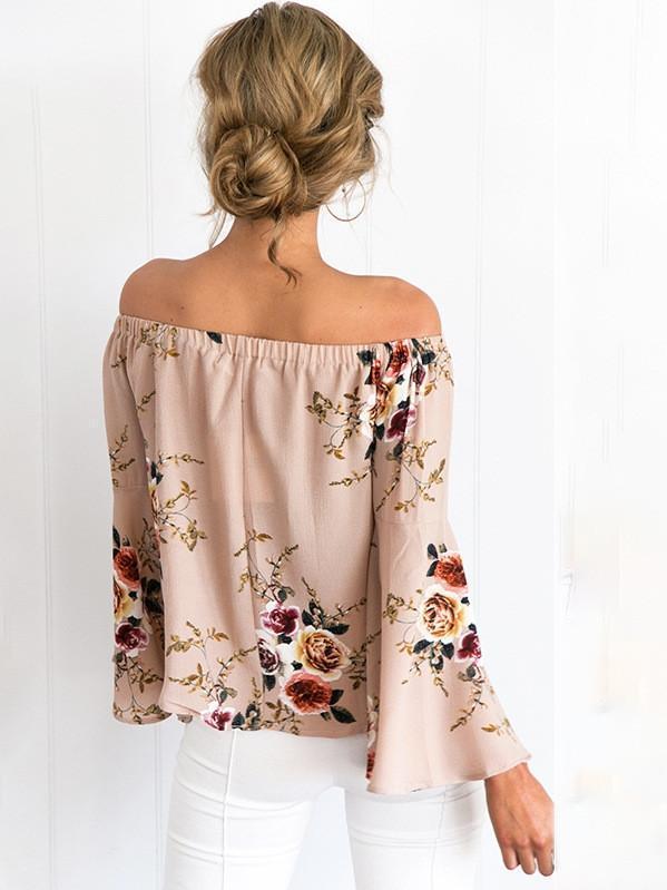 Pretty Floral Off Shoulder Trumpet Sleeve Bohemia Blouse Shirt Tops