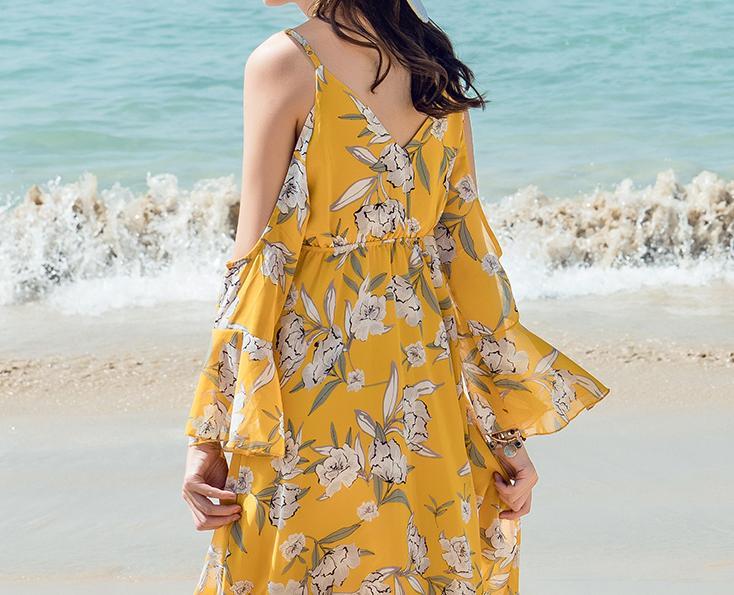 V-NECK  LONG-SLEEVE SPAGHETTI STRAPS FLORAL LONG DRESS