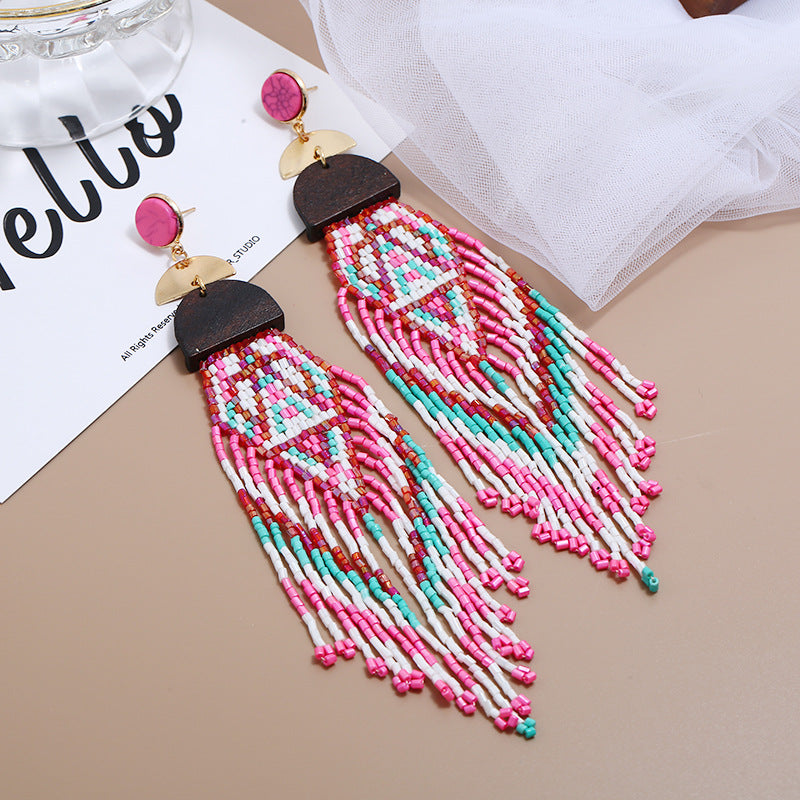 Exaggerated Long Handmade Rice Bead Tassel Earrings