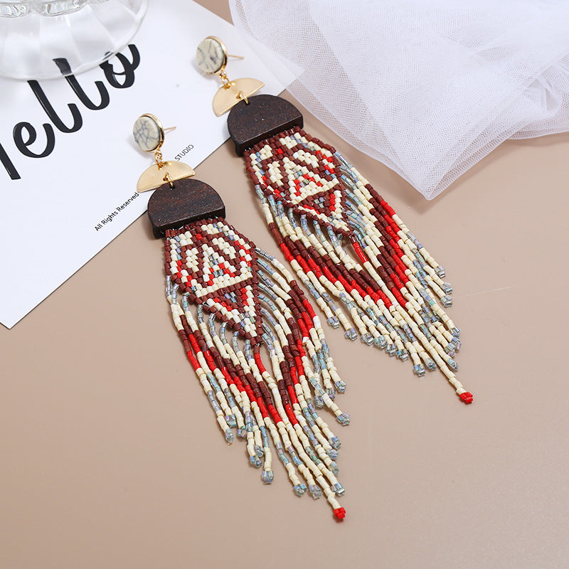 Exaggerated Long Handmade Rice Bead Tassel Earrings