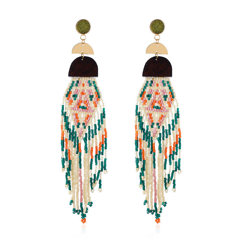 Exaggerated Long Handmade Rice Bead Tassel Earrings