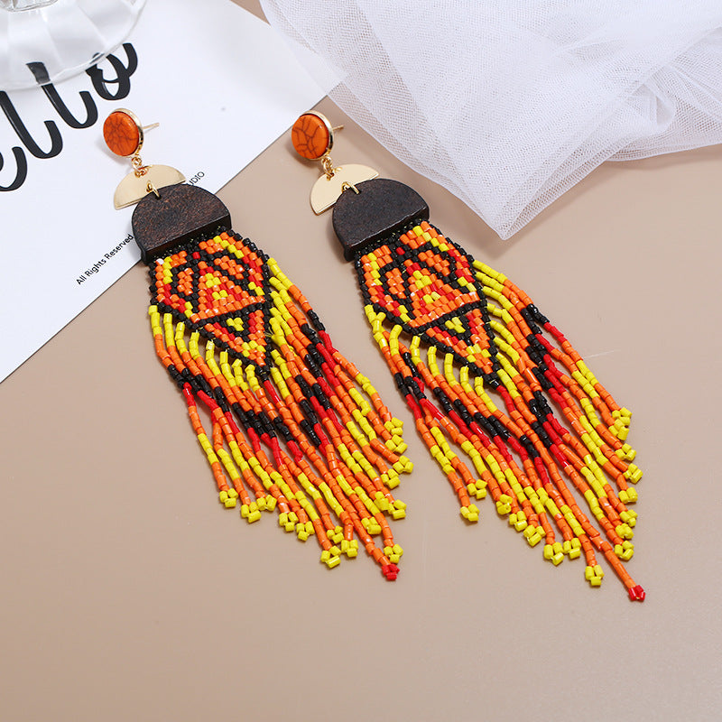 Exaggerated Long Handmade Rice Bead Tassel Earrings