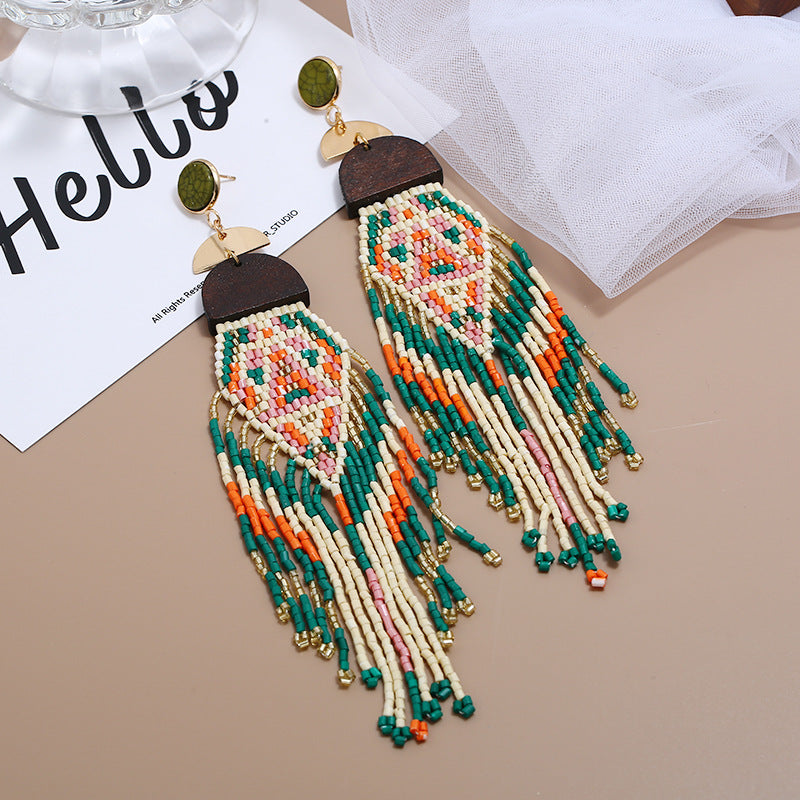 Exaggerated Long Handmade Rice Bead Tassel Earrings