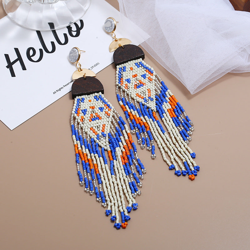 Exaggerated Long Handmade Rice Bead Tassel Earrings