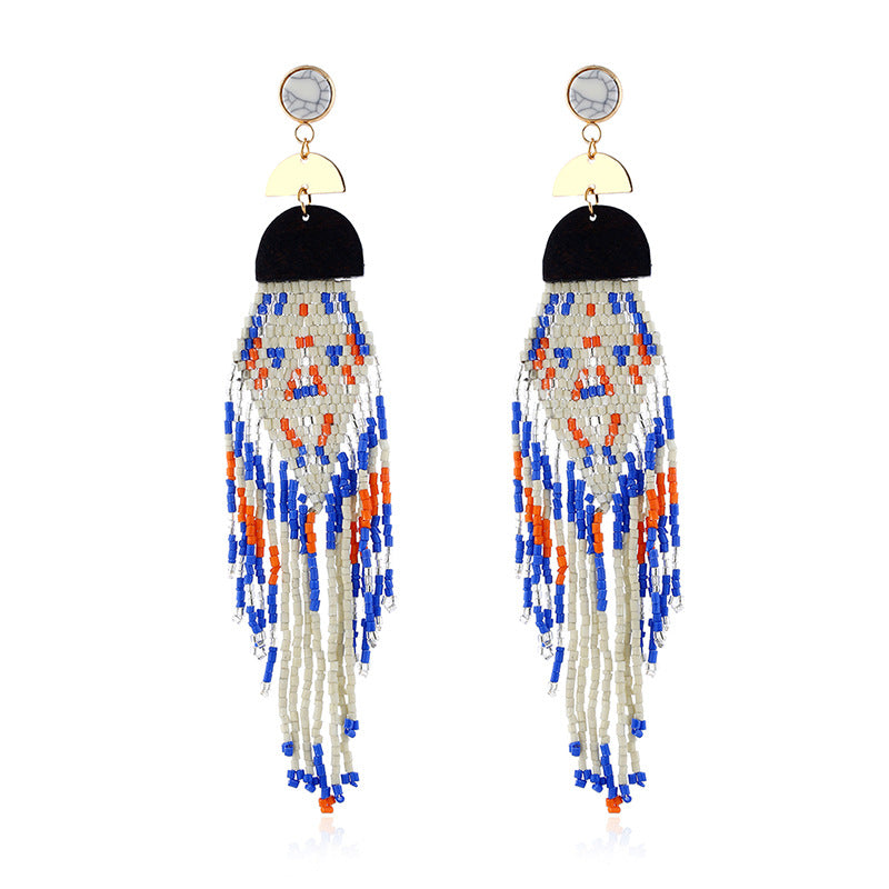 Exaggerated Long Handmade Rice Bead Tassel Earrings